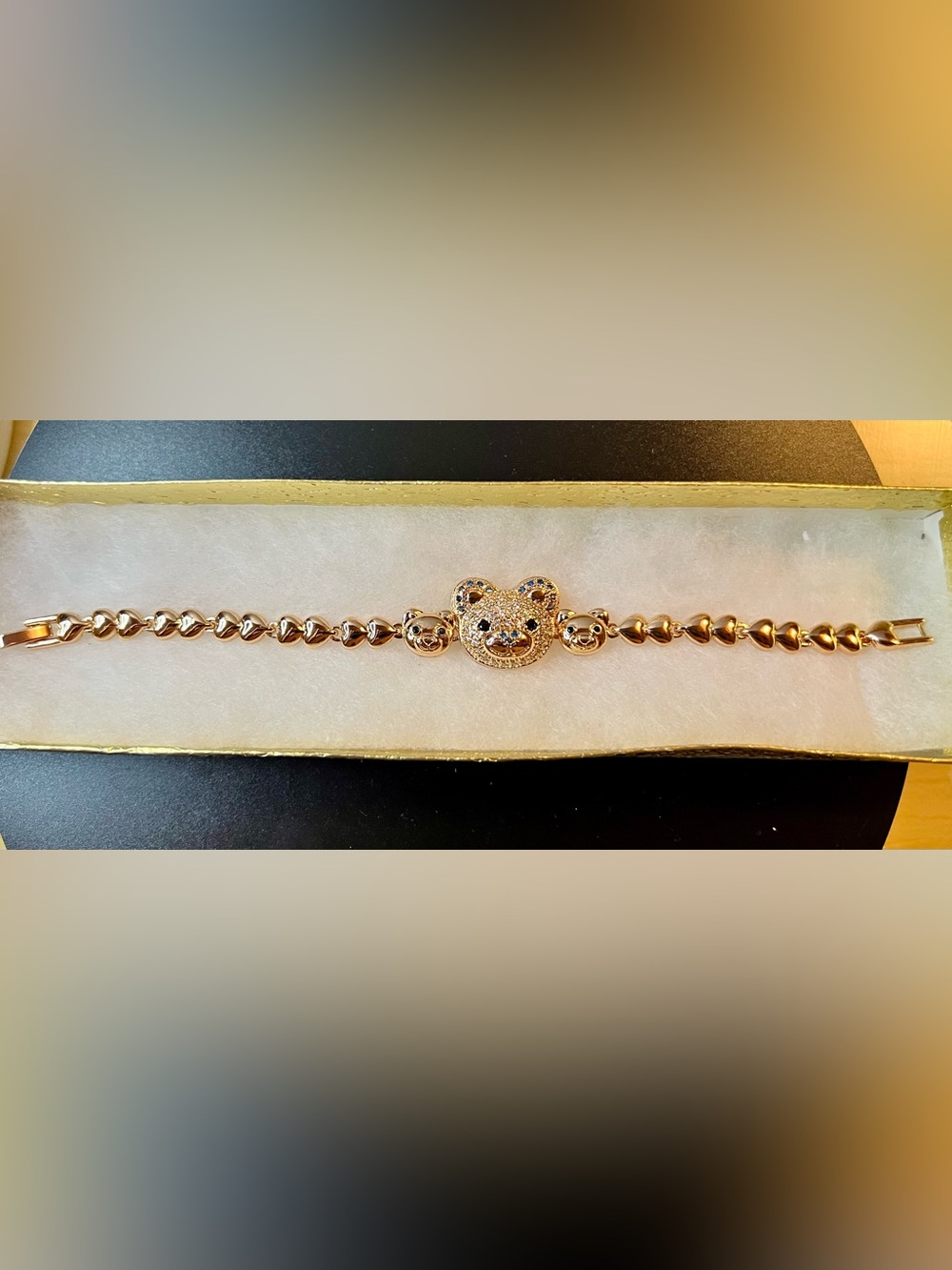 7”L Gold plated Bear Face Bracelet with Crystal Accents